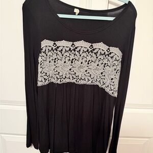 Black Lace-Trim Long Sleeve Women's Top